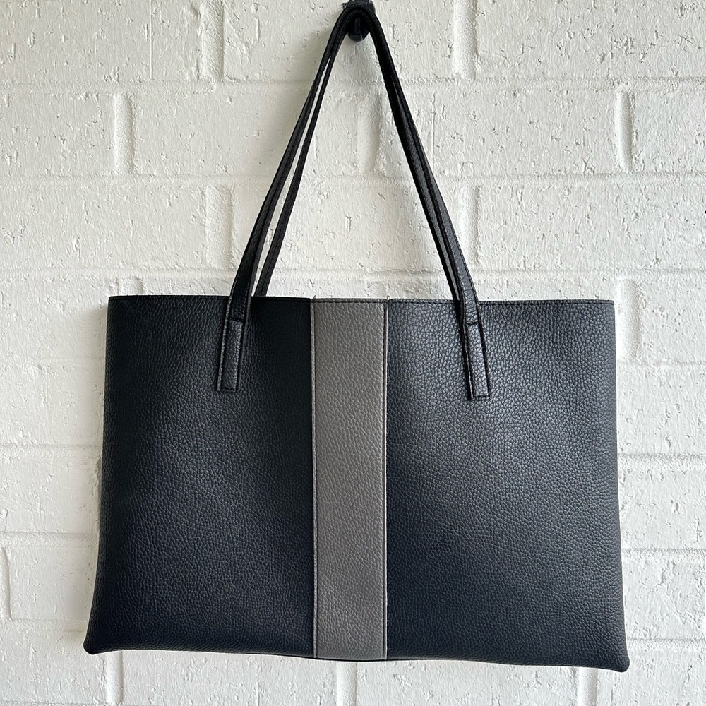 Vince Camuto Black Textured Tote Bag with Grey Stripe. Faux Leather and Suede